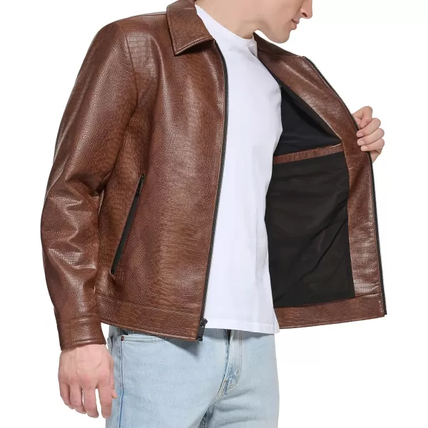 DKNY Mens Faux Leather Classic Laydown Collar Bomber JacketBrown Snake Embossed