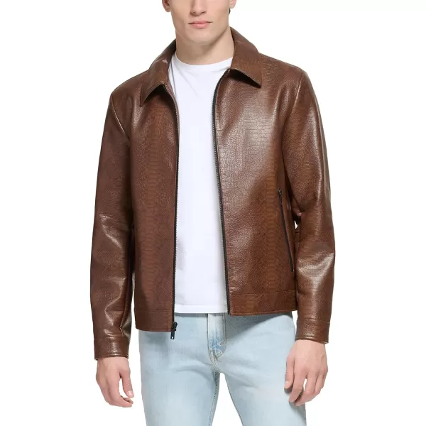 DKNY Mens Faux Leather Classic Laydown Collar Bomber JacketBrown Snake Embossed