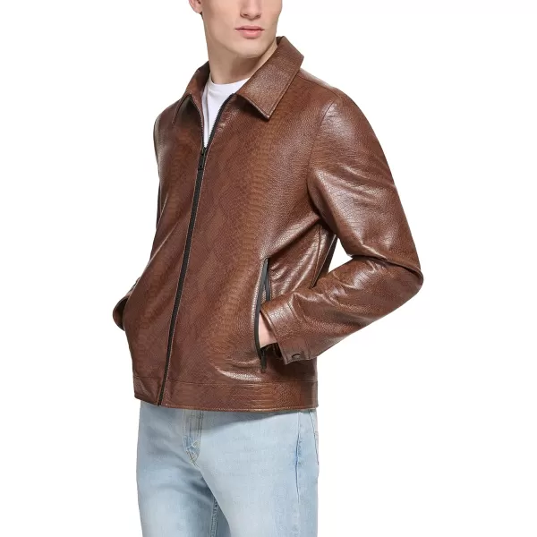 DKNY Mens Faux Leather Classic Laydown Collar Bomber JacketBrown Snake Embossed