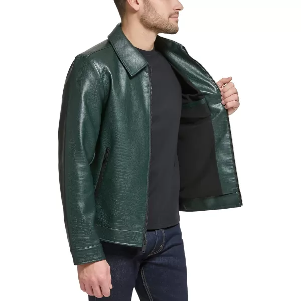 DKNY Mens Faux Leather Classic Laydown Collar Bomber JacketOlive Croc Embossed