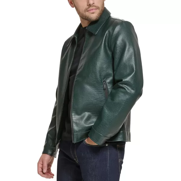 DKNY Mens Faux Leather Classic Laydown Collar Bomber JacketOlive Croc Embossed