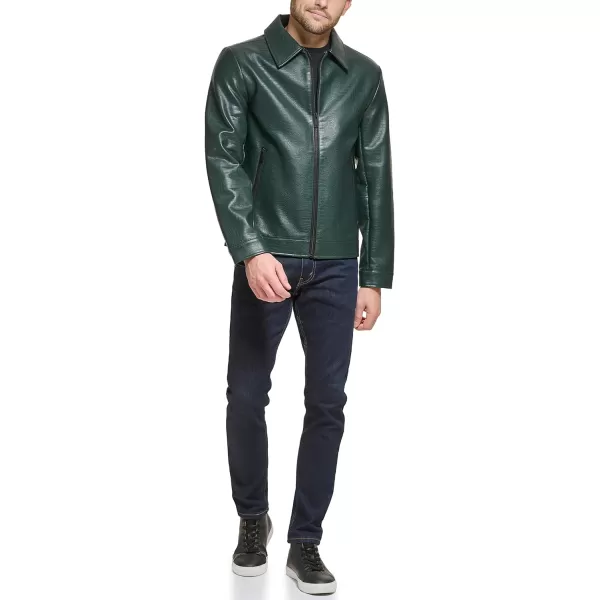 DKNY Mens Faux Leather Classic Laydown Collar Bomber JacketOlive Croc Embossed