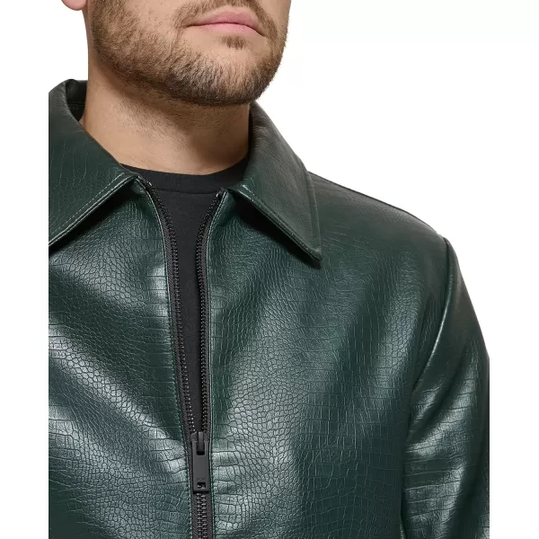 DKNY Mens Faux Leather Classic Laydown Collar Bomber JacketOlive Croc Embossed