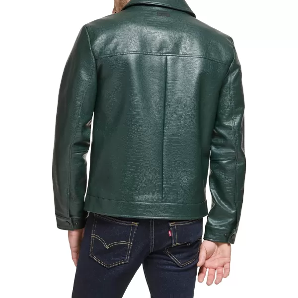 DKNY Mens Faux Leather Classic Laydown Collar Bomber JacketOlive Croc Embossed