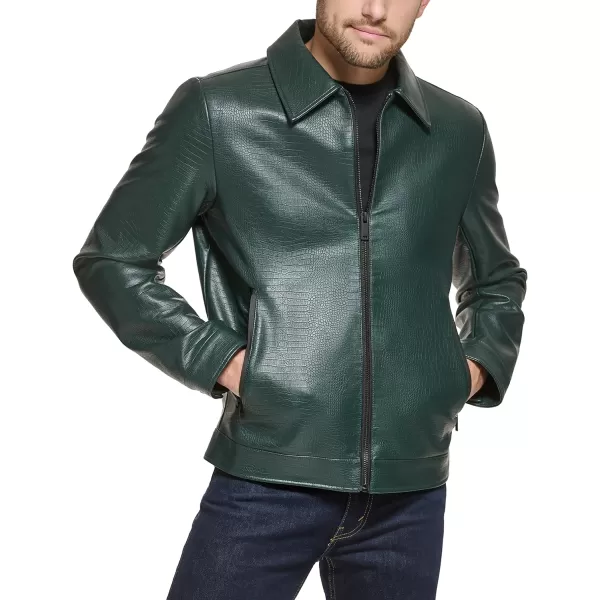 DKNY Mens Faux Leather Classic Laydown Collar Bomber JacketOlive Croc Embossed