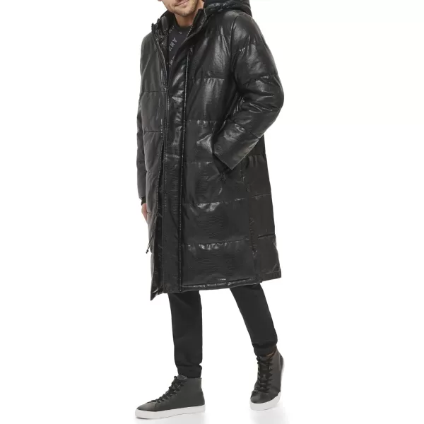 DKNY Mens Faux Leather Long Quilted Fashion CoatBlack