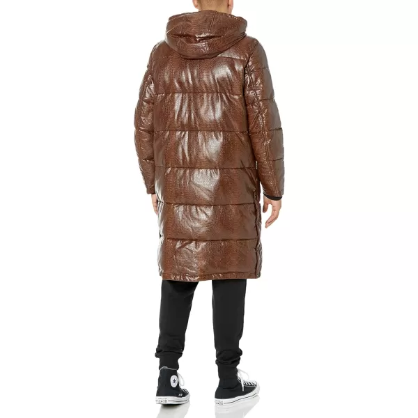 DKNY Mens Faux Leather Long Quilted Fashion CoatBrown