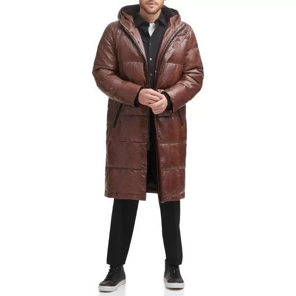 DKNY Mens Faux Leather Long Quilted Fashion CoatBrown