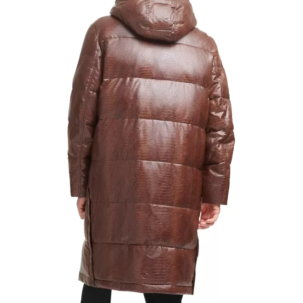 DKNY Mens Faux Leather Long Quilted Fashion CoatBrown