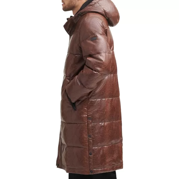 DKNY Mens Faux Leather Long Quilted Fashion CoatBrown