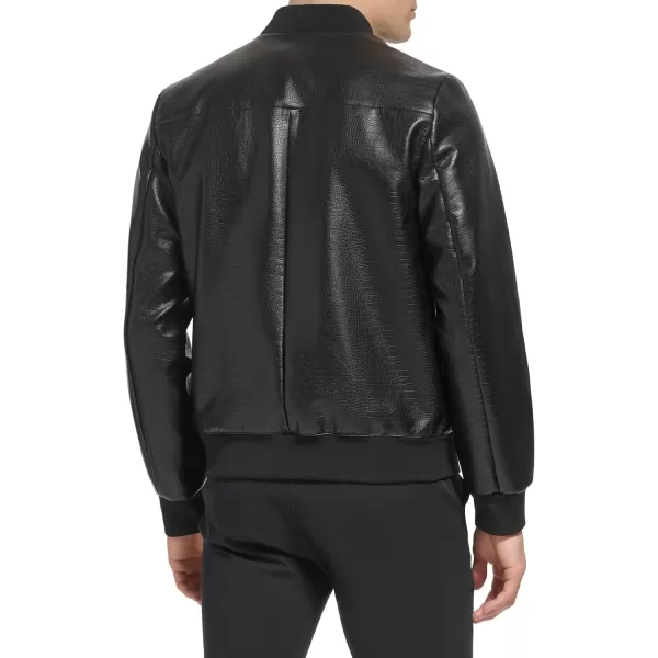 DKNY Mens Faux Leather Varsity Bomber JacketBlack Croc Embossed