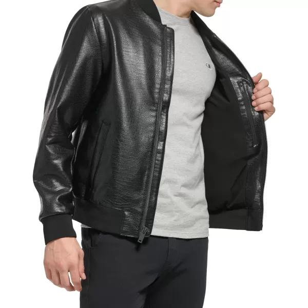 DKNY Mens Faux Leather Varsity Bomber JacketBlack Croc Embossed