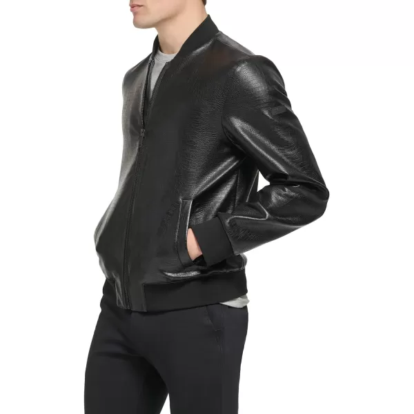 DKNY Mens Faux Leather Varsity Bomber JacketBlack Croc Embossed