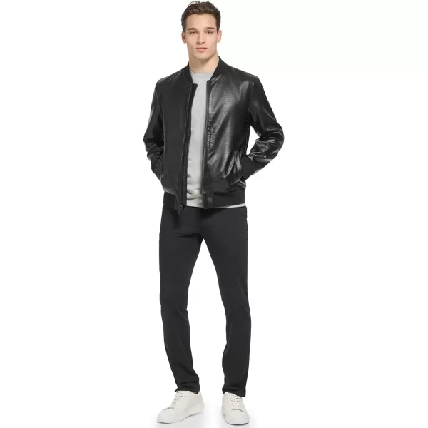 DKNY Mens Faux Leather Varsity Bomber JacketBlack Croc Embossed