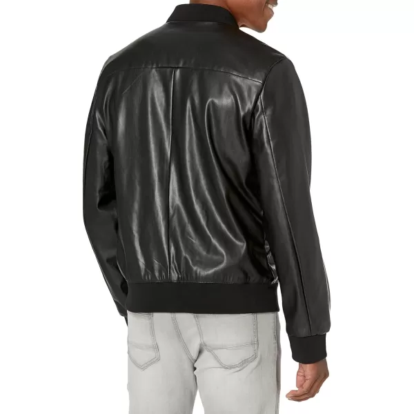 DKNY Mens Faux Leather Varsity Bomber JacketBlack Smooth Lamb