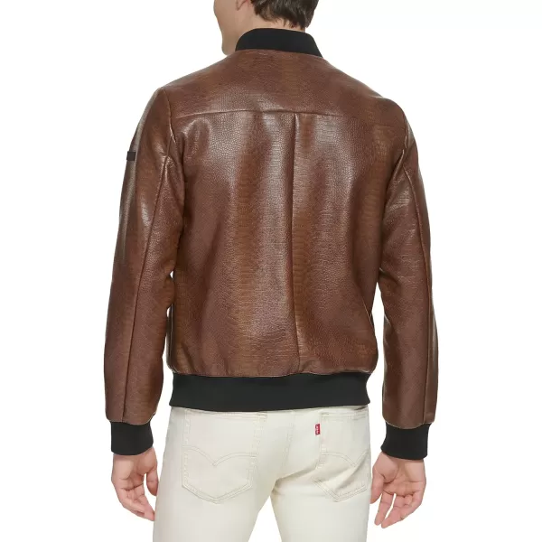 DKNY Mens Faux Leather Varsity Bomber JacketBrown Snake Embossed