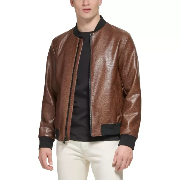 DKNY Mens Faux Leather Varsity Bomber JacketBrown Snake Embossed