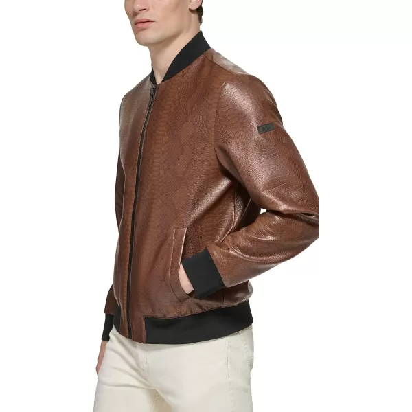 DKNY Mens Faux Leather Varsity Bomber JacketBrown Snake Embossed