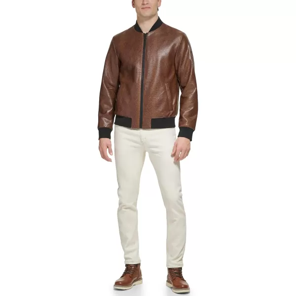 DKNY Mens Faux Leather Varsity Bomber JacketBrown Snake Embossed