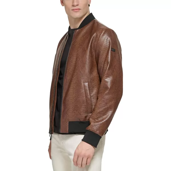 DKNY Mens Faux Leather Varsity Bomber JacketBrown Snake Embossed