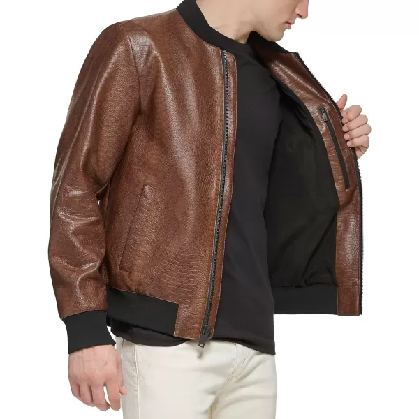 DKNY Mens Faux Leather Varsity Bomber JacketBrown Snake Embossed