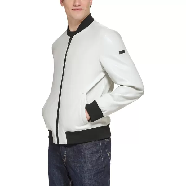 DKNY Mens Faux Leather Varsity Bomber JacketIce Smooth Lamb