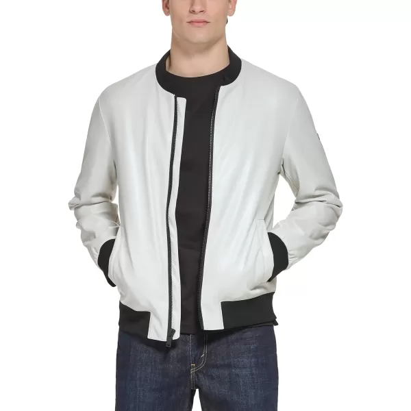 DKNY Mens Faux Leather Varsity Bomber JacketIce Smooth Lamb