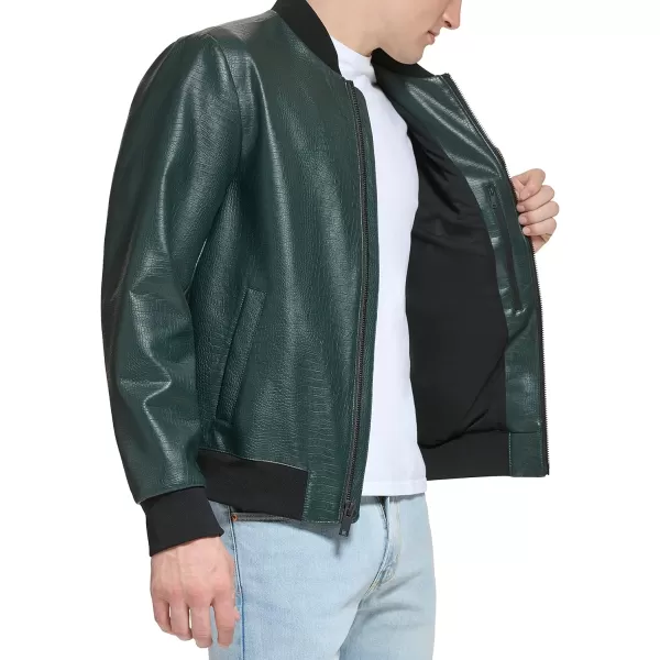 DKNY Mens Faux Leather Varsity Bomber JacketOlive Croc Embossed