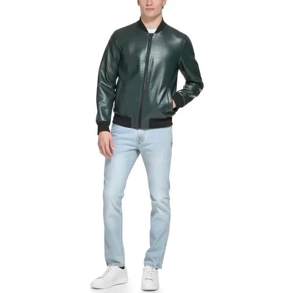 DKNY Mens Faux Leather Varsity Bomber JacketOlive Croc Embossed