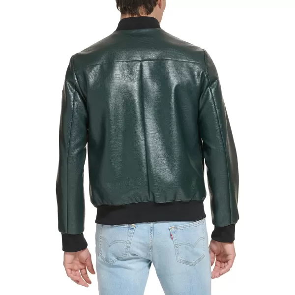 DKNY Mens Faux Leather Varsity Bomber JacketOlive Croc Embossed