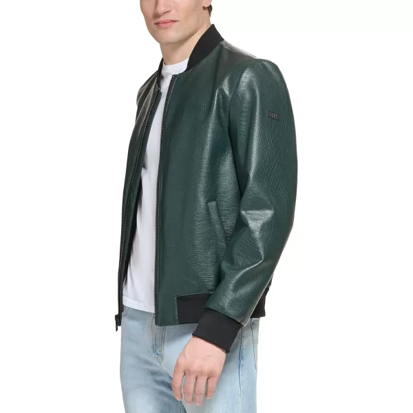DKNY Mens Faux Leather Varsity Bomber JacketOlive Croc Embossed