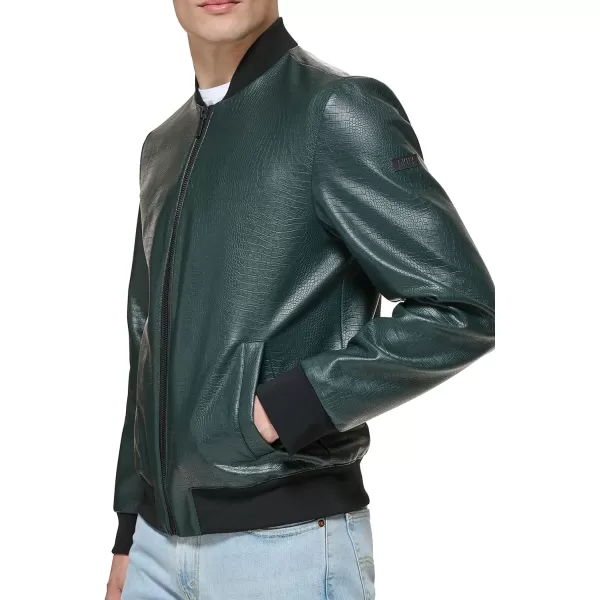 DKNY Mens Faux Leather Varsity Bomber JacketOlive Croc Embossed
