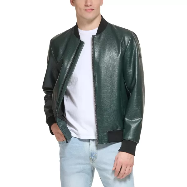 DKNY Mens Faux Leather Varsity Bomber JacketOlive Croc Embossed