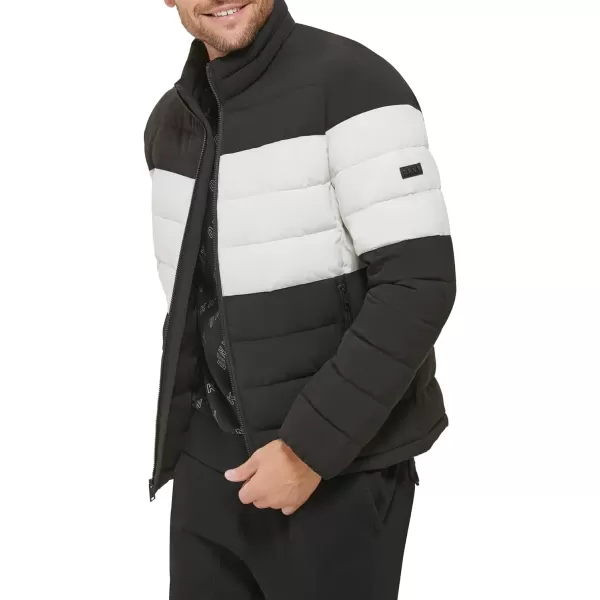 DKNY Mens Jon Quilted Stand Collar Puffer JacketBlackWhite Colorblock