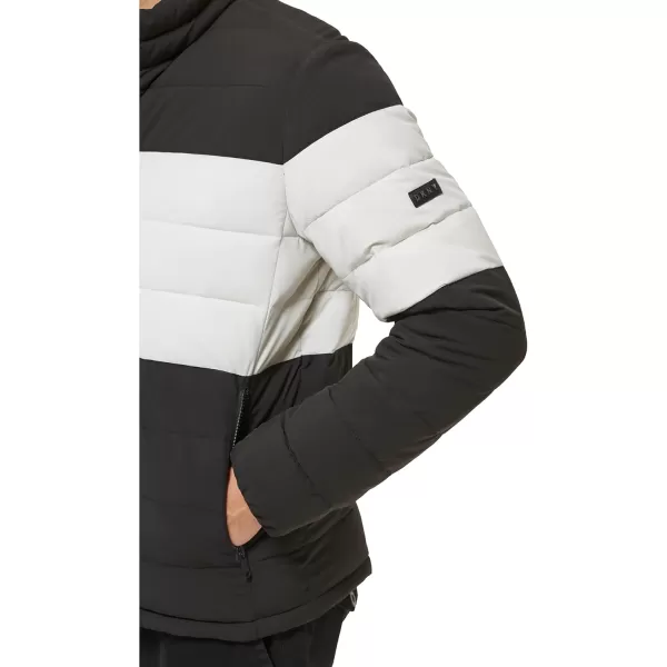 DKNY Mens Jon Quilted Stand Collar Puffer JacketBlackWhite Colorblock