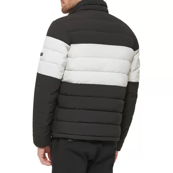 DKNY Mens Jon Quilted Stand Collar Puffer JacketBlackWhite Colorblock