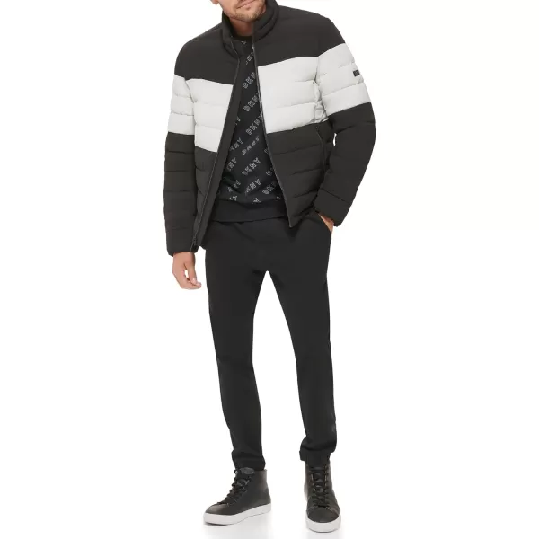 DKNY Mens Jon Quilted Stand Collar Puffer JacketBlackWhite Colorblock