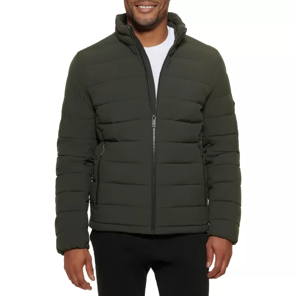 DKNY Mens Jon Quilted Stand Collar Puffer JacketDark Olive