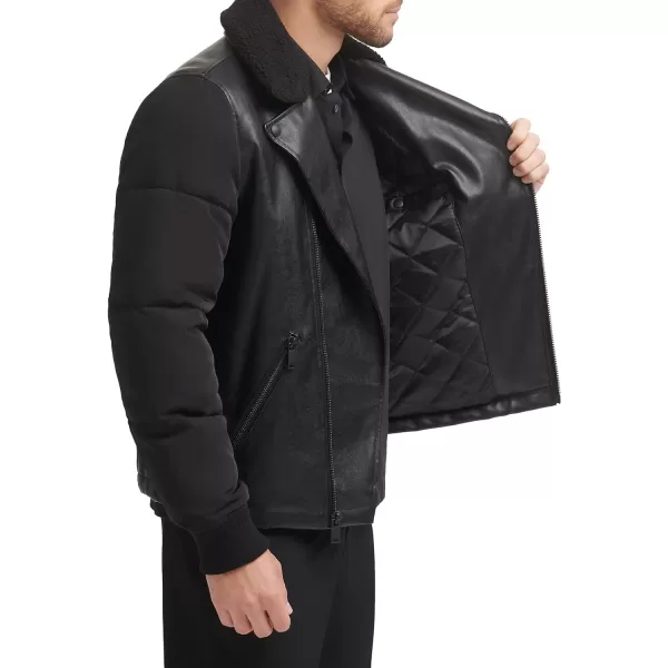 DKNY Mens Mixed Media Faux Leather with Puffer SleevesBlack