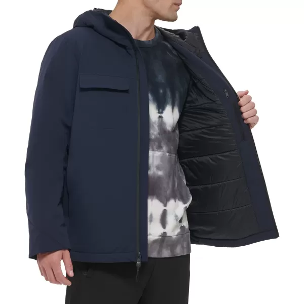 DKNY Mens Performance Tech Hooded Modern Storm CoatNavy