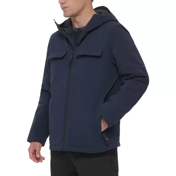 DKNY Mens Performance Tech Hooded Modern Storm CoatNavy