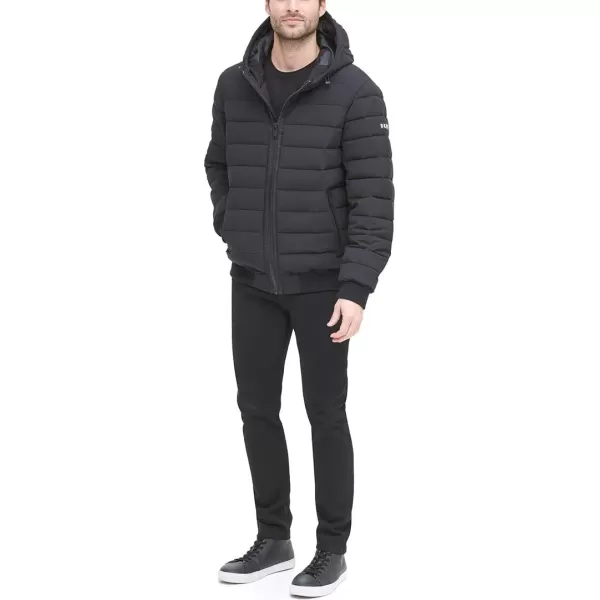 DKNY Mens Quilted Performance Hooded Bomber JacketBlack Matte Stretch