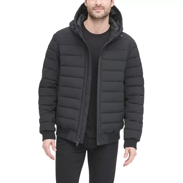 DKNY Mens Quilted Performance Hooded Bomber JacketBlack Matte Stretch