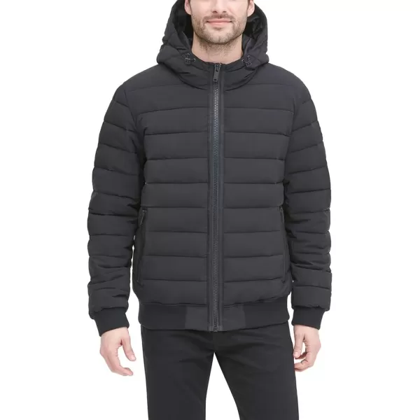 DKNY Mens Quilted Performance Hooded Bomber JacketBlack Matte Stretch