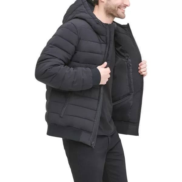 DKNY Mens Quilted Performance Hooded Bomber JacketBlack Matte Stretch