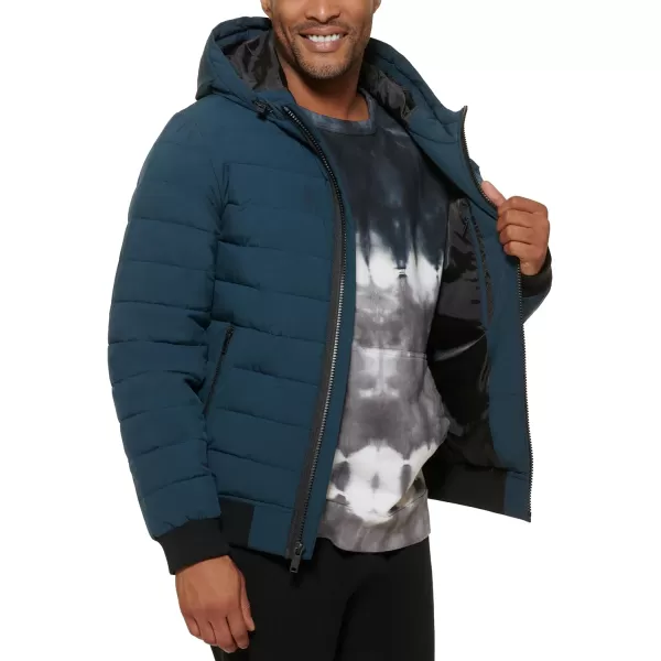 DKNY Mens Quilted Performance Hooded Bomber JacketBlue Steel Matte Stretch