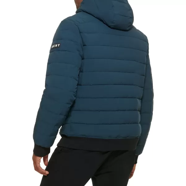 DKNY Mens Quilted Performance Hooded Bomber JacketBlue Steel Matte Stretch