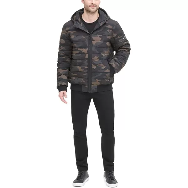 DKNY Mens Quilted Performance Hooded Bomber JacketCamouflage Matte Stretch