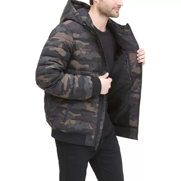 DKNY Mens Quilted Performance Hooded Bomber JacketCamouflage Matte Stretch