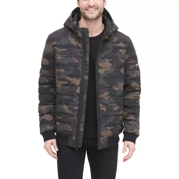 DKNY Mens Quilted Performance Hooded Bomber JacketCamouflage Matte Stretch